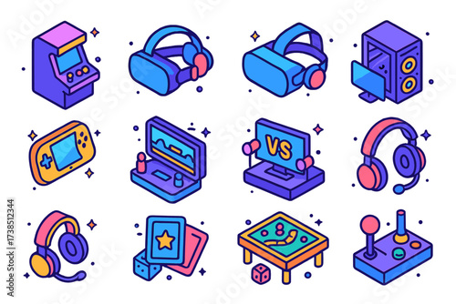 Colorful Gaming Zone Icons. Gaming zone. Colorful isometric vector icons set of gaming zone: arcade machine, VR headset, console controller, gaming PC,