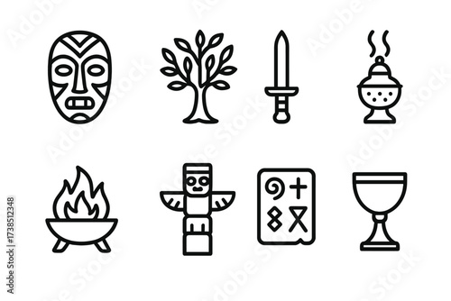 Pagan Rites Icons. Outline icon set of pagan rites: ritual mask, sacred tree, ceremonial dagger, incense burner, fire pit, totem pole, ancient script, chalice.