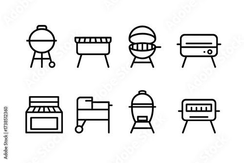 Grill Icon Set. Outline icon set of grill types: kettle grill, hibachi grill, portable grill, electric grill, built-in grill, pellet grill, kamado grill,