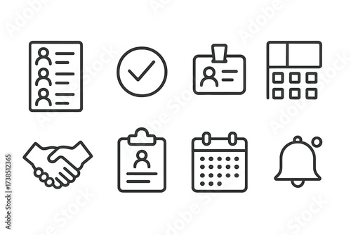 Guest Management Icons. Outline icon set of guest management: guest list, checkmark, name tag, seating chart, handshake, clipboard, calendar, bell