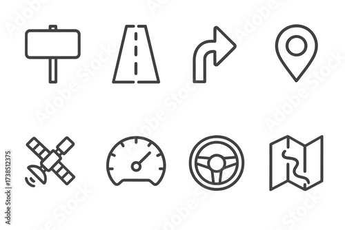 Navigation Icons Set. Outline icon set of navigation route: road sign, highway, turn arrow, location marker, satellite, speedometer, steering wheel, road map.
