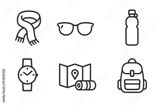 Romantic Walk Icons. Outline icon set of romantic walk accessories: scarf, sunglasses, camera, water bottle, wristwatch, map, picnic blanket, backpack. Line