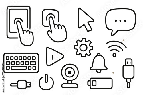 Tech Icons Doodle. Hand-drawn doodle illustration interactive digital screens touchscreen, finger tap, smartphone, tablet, cursor, play button, chat bubble,