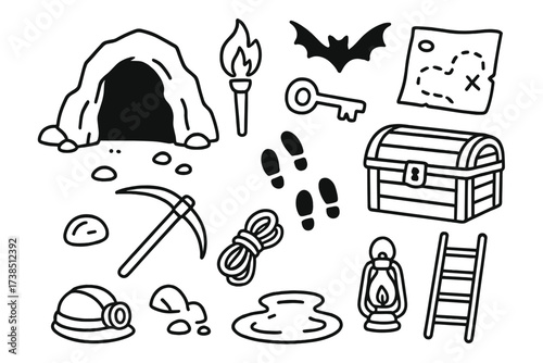 Hidden Cave Adventure. Hand-drawn doodle illustration hidden cave cave entrance, torch, treasure chest, footprints, key, map, rocks, shadow, pickaxe, rope,