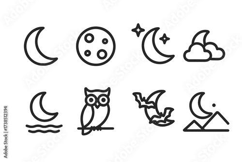 Moonlight Icon Set. Outline icon set of moonlight: crescent moon, full moon, moon with stars, moon behind clouds, moon reflection on water, moon and owl, moon