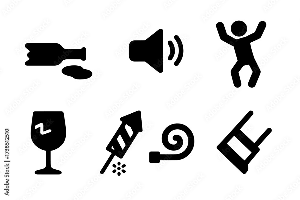 Reckless Party Icons. Solid, filled icon set of reckless party: broken bottle, spilled drink, loudspeaker, dancing wildly, smashed glass, firework, noisemaker,