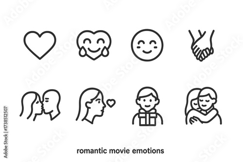 Romantic Films & Flowers Icons. Outline icon set of romantic movie emotions: love heart, tears of joy, shy smile, holding hands, passionate kiss, longing gaze,