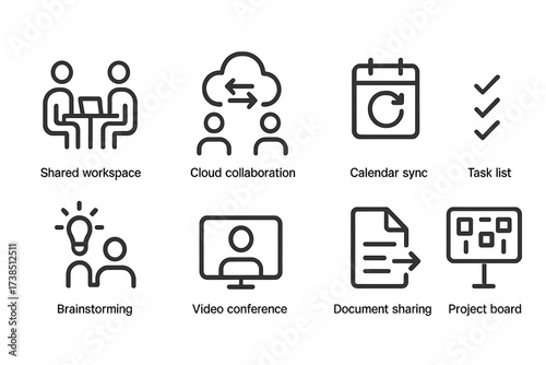 Teamwork Tools Icons. Outline icon set of teamwork tools: shared workspace, cloud collaboration, calendar sync, task list, brainstorming, video conference,