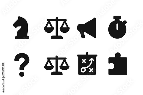 Negotiation Icon Set. Solid, filled icon set of negotiation tactics: chess piece, scales, megaphone, timer, question mark, balance, strategy map, puzzle piece.