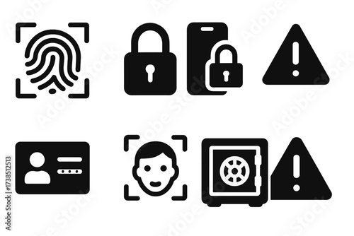 Security Icon Set. Solid, filled icon set of account security: fingerprint scan, lock icon, two-factor authentication, password padlock, fraud alert, ID