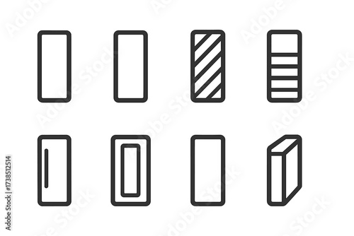 Bar Icon Collection. Outline icon set of bar symbol types: plain bar, outlined bar, striped bar, gradient bar, metallic bar, glowing bar, shadowed bar, 3D bar.