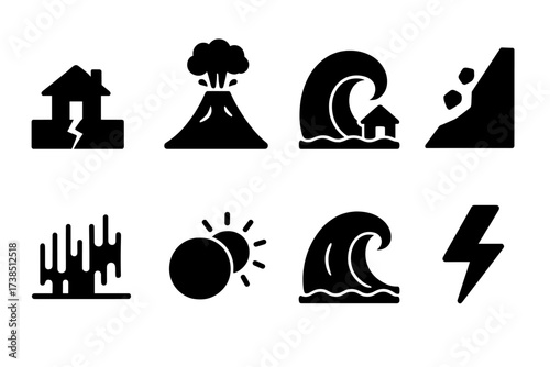 Natural Phenomena Icons. Solid, filled icon set of natural phenomena: earthquake, volcano, tsunami, landslide, aurora, eclipse, tidal wave, lightning bolt.