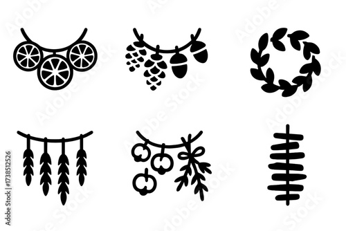 Natural Garland Icons. Solid, filled icon set of natural material garlands: dried citrus garland, pinecone strand, acorn garland, leaf loop, wheat garland,