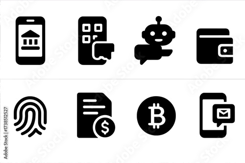 Digital Banking Icons. Solid, filled icon set of digital banking: smartphone app, QR payment, virtual assistant, mobile wallet, biometric login, transaction
