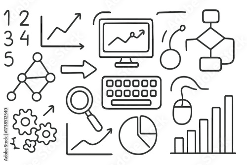 Doodle Data Matrix. Hand-drawn doodle illustration matrix visualization grid, numbers, graphs, arrows, computer screen, flowchart, nodes,