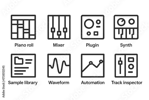 Sequencer Software Icons. Outline icon set of sequencer software tools: piano roll, mixer channel, plugin, synth module, sample library, waveform editor,