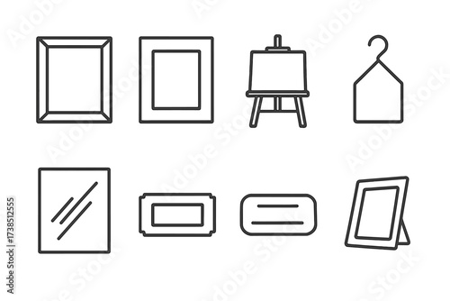 Portrait Icon Set. Outline icon set of portrait framing: picture frame, matting, easel, hanging hook, glass pane, plaque, name tag, photo stand. Line icons in