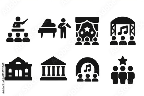 Orchestra Icons Set. Solid, filled icon set of orchestra events and venues: concert, recital, gala, festival, opera house, symphony hall, open air stage,