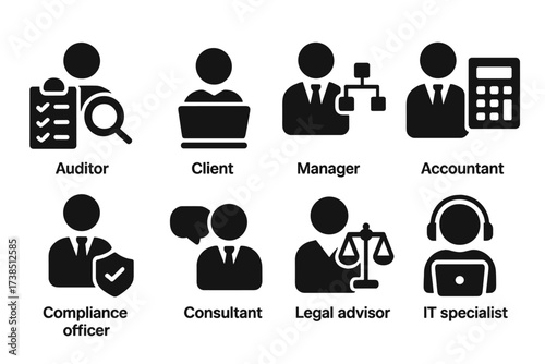 Audit Team Icons. Solid, filled icon set of audit participants: auditor, client, manager, accountant, compliance officer, consultant, legal advisor, IT
