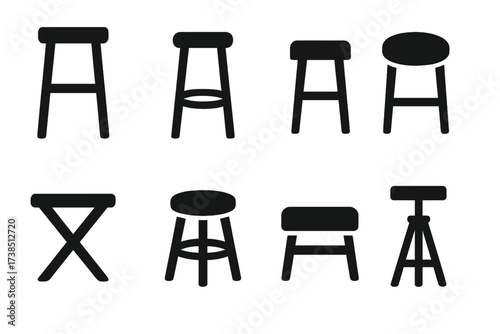 Solid Stool Icons. Solid, filled icon set of stool uses: kitchen counter, bar seating, workshop seat, vanity stool, outdoor seating, dining stool, footrest,