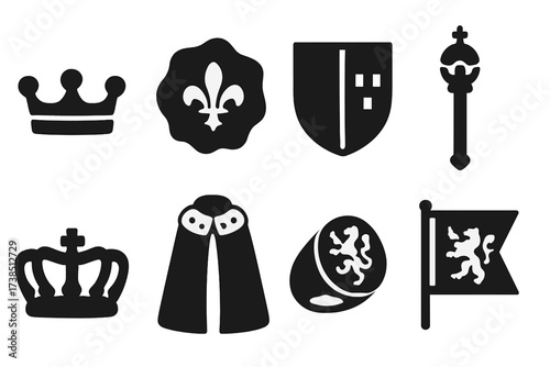Peerage Symbol Icons. Solid, filled icon set of peerage symbols: coronet, seal, coat of arms, scepter, crown, robe, lord?s ring, heraldic flag. Solid, filled