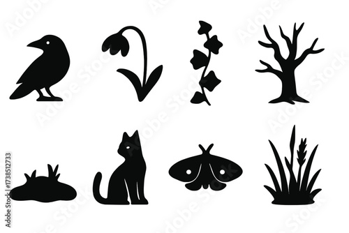 Graveyard Icon Collection. Solid, filled icon set of graveyard flora and fauna: crow, wilted flower, ivy vines, dead tree, moss patch, black cat, night moth,