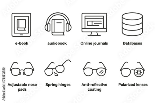 Digital Library Icons. Outline icon set of digital library resources: e-books, audiobooks, online journals, databases, virtual tours, webinars, podcasts,