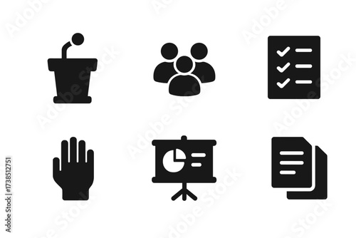 Board Meeting Icons. Solid, filled icon set of board meeting: podium, microphone, people silhouette, clock, agenda list, voting hand, presentation screen,