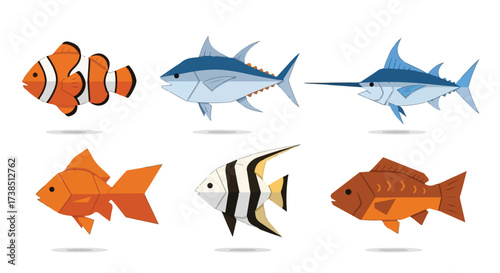 Set of Six Colorful Cartoon Fish Illustrations Clownfish Tuna Swordfish Goldfish Angelfish and Carp in Flat Design for Marine Life and Seafood Concepts