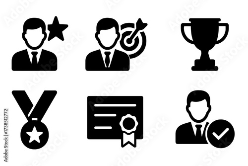 Manager Performance Icons. Solid, filled icon set of manager performance: success, target, growth, trophy, medal, certificate, achievement, review. [Line icons