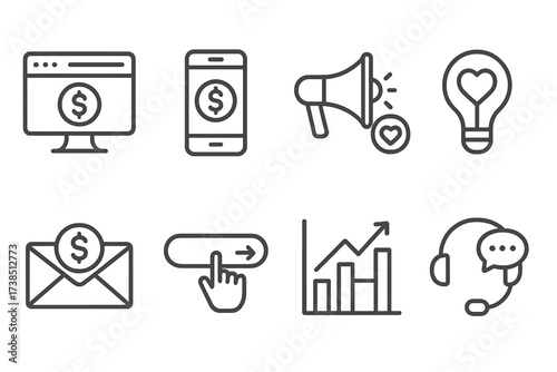 Fundraising Platform Icons. Outline icon set of fundraising platforms: website, mobile app, social media, crowdfunding, email campaign, donation button,