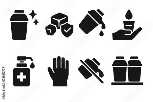 Shake Safety Icons. Solid, filled icon set of shake health and safety: clean shaker, ice hygiene, safe pouring, drink testing, sanitizer, bar gloves, no