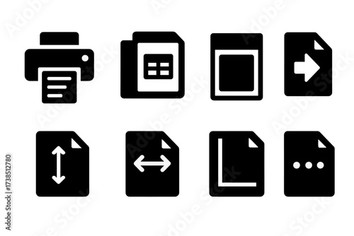 Spreadsheet Printing Icons. Solid, filled icon set of spreadsheet printing: printer icon, print preview, page setup, header/footer, print range, page