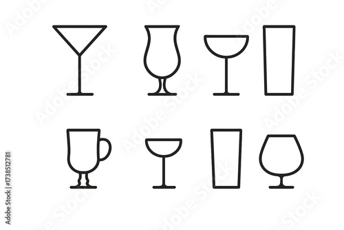Cocktail Glass Icons. Outline icon set of cocktail glassware: martini glass, hurricane glass, coupe glass, Collins glass, Irish coffee glass, Nick & Nora