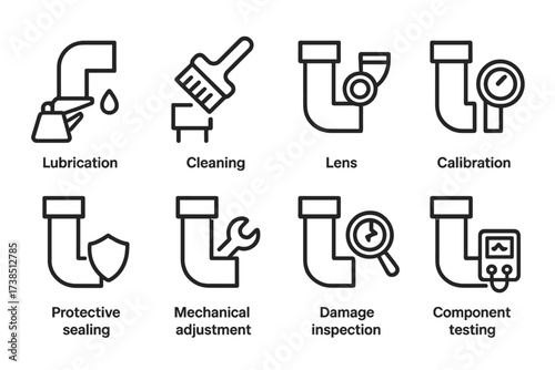 Periscope Maintenance Icons. Outline icon set of periscope maintenance: lubrication, cleaning brush, lens replacement, calibration, protective sealing,