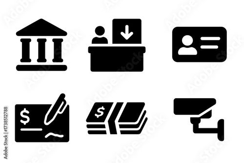 Bank Withdrawal Icons. Solid, filled icon set of bank withdrawal: bank building, teller counter, withdrawal form, ID card, checkbook, cash bundle, signed