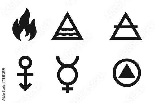 Alchemical Symbol Icons. Solid, filled icon set of alchemical symbols: fire, water, air, earth, sulfur, mercury, salt, philosopher?s stone. Solid, filled icons