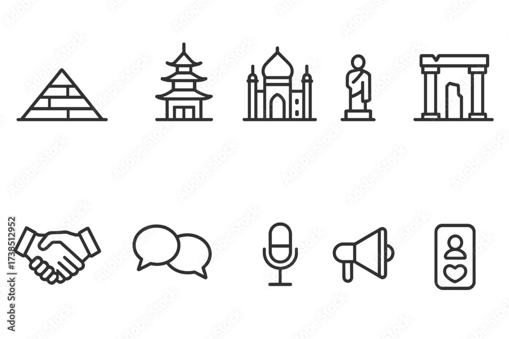 Fototapeta premium Cultural Icons Outline. Outline icon set of cultural landmarks: pyramid, pagoda, cathedral, mosque, statue, ancient ruin, castle, bridge. Line icons in only