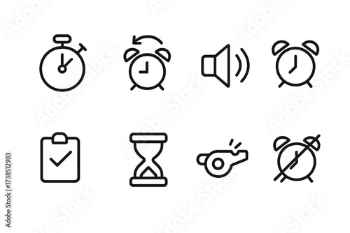 Alarm Settings Icons. Outline icon set of alarm settings: timer, repeat alarm, volume control, alarm mode, schedule, alarm duration, test alarm, disable alarm.
