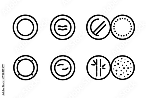Variety Plate Icons. Solid, filled icon set of plate materials: porcelain plate, ceramic plate, glass plate, plastic plate, metal plate, wooden plate, bamboo