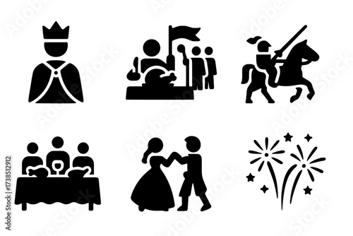 Noble Celebration Icons. Solid, filled icon set of noble celebrations: coronation, feast, parade, joust, banquet, dance, toast, fireworks. Solid, filled icons