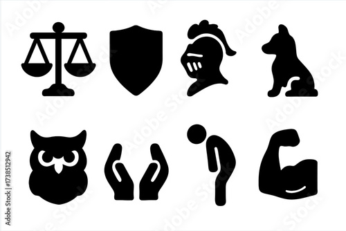 Noble Values Icons. Solid, filled icon set of noble values: justice, honor, courage, loyalty, wisdom, charity, humility, strength. Solid, filled icons in only