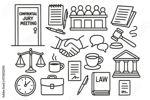 Confidential Jury Icons. Hand-drawn doodle illustration confidential jury meeting closed door, jury box, notepad, pens, legal papers, judge?s gavel, scales of