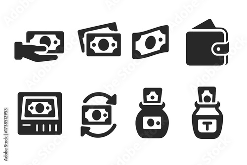 Black Money Icons. Solid, filled icon set of banknote handling: hand holding banknote, cash counting, folded bill, cash payment, wallet with notes, cash