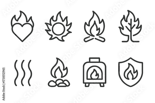 Fiery Energy Icons. Outline icon set of fiery energy: burning heart, solar flare, campfire, wildfire, heat waves, glowing coal, furnace, heat shield. [Line