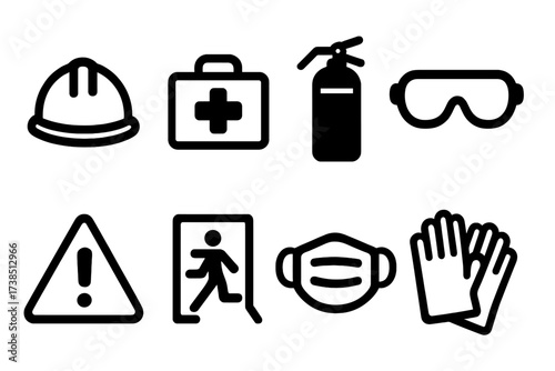 Employee Safety Icons. Solid, filled icon set of employee safety: helmet, first aid kit, fire extinguisher, safety goggles, warning sign, emergency exit, mask,