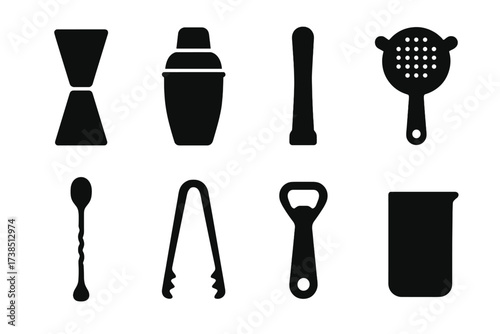 Bar Tools Icon Set. Solid, filled icon set of shot preparation tools: jigger, shaker, muddler, strainer, bar spoon, ice tongs, bottle opener, mixing glass.