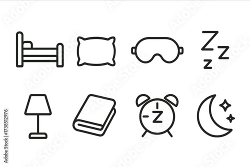 Sleep & Relax Icons. Outline icon set of sleep and napping: bed, pillow, sleep mask, zzz symbol, night lamp, blanket, snooze alarm, moon with stars. Line icons