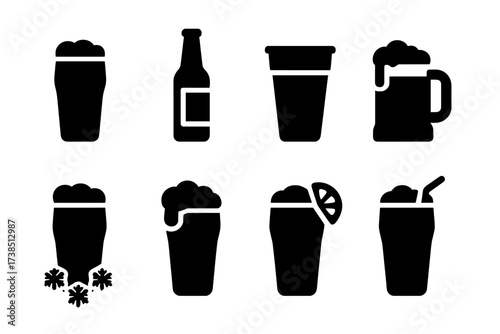 Pint Styles Icons. Solid, filled icon set of pint serving styles: draft pint, bottled pint, plastic cup pint, glass mug pint, chilled pint, foam head pint,