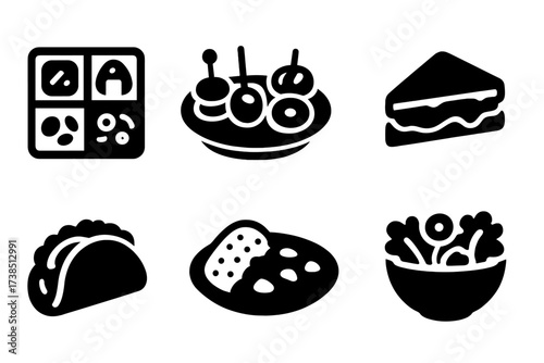 Global Lunch Icons. Solid, filled icon set of lunch traditions worldwide: bento box, tapas plate, mezze platter, dim sum, sandwich, taco, curry plate, salad